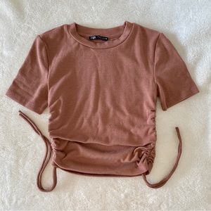 ZARA Blush Nude Ruched T Shirt Crop Top